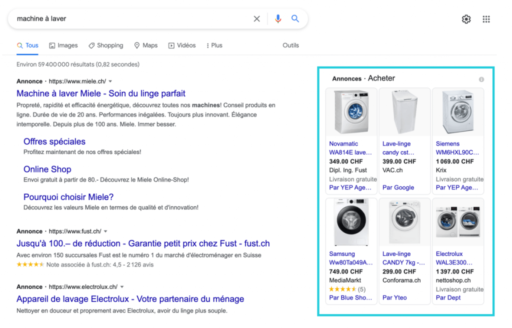 Exemple d'annonces publicitaires Google Ads Shopping