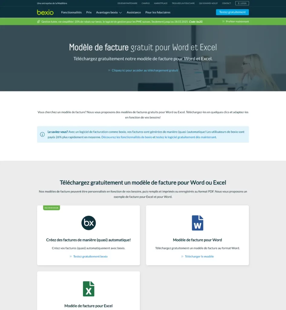 Landing page de téléchargement du modèle de facture word