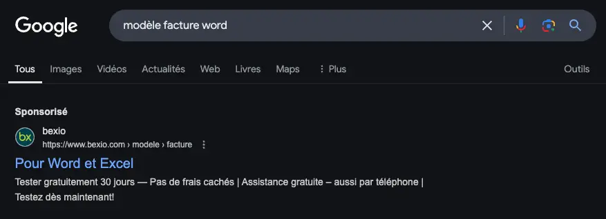 Annonce publicitaire Google Ads de bexio