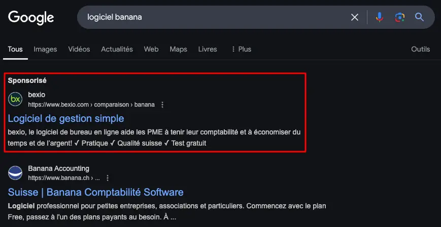 Annonce publicitaire Google Ads de bexio