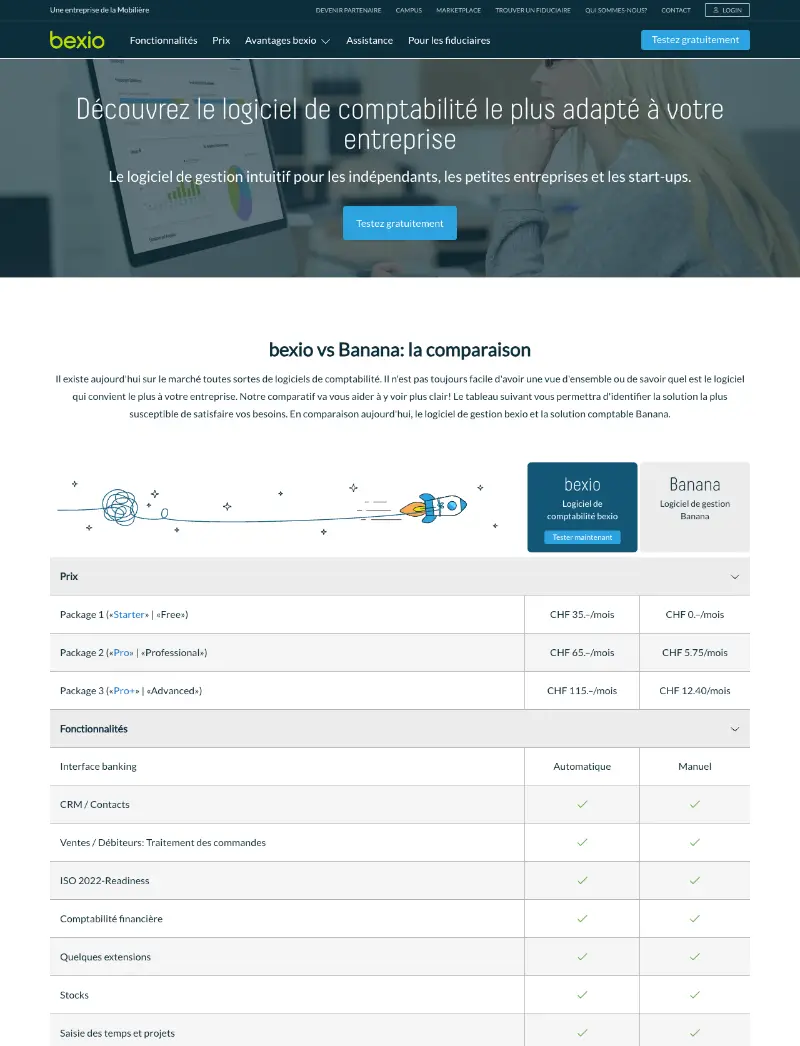 Page de comparaison des logiciels bexio et banana